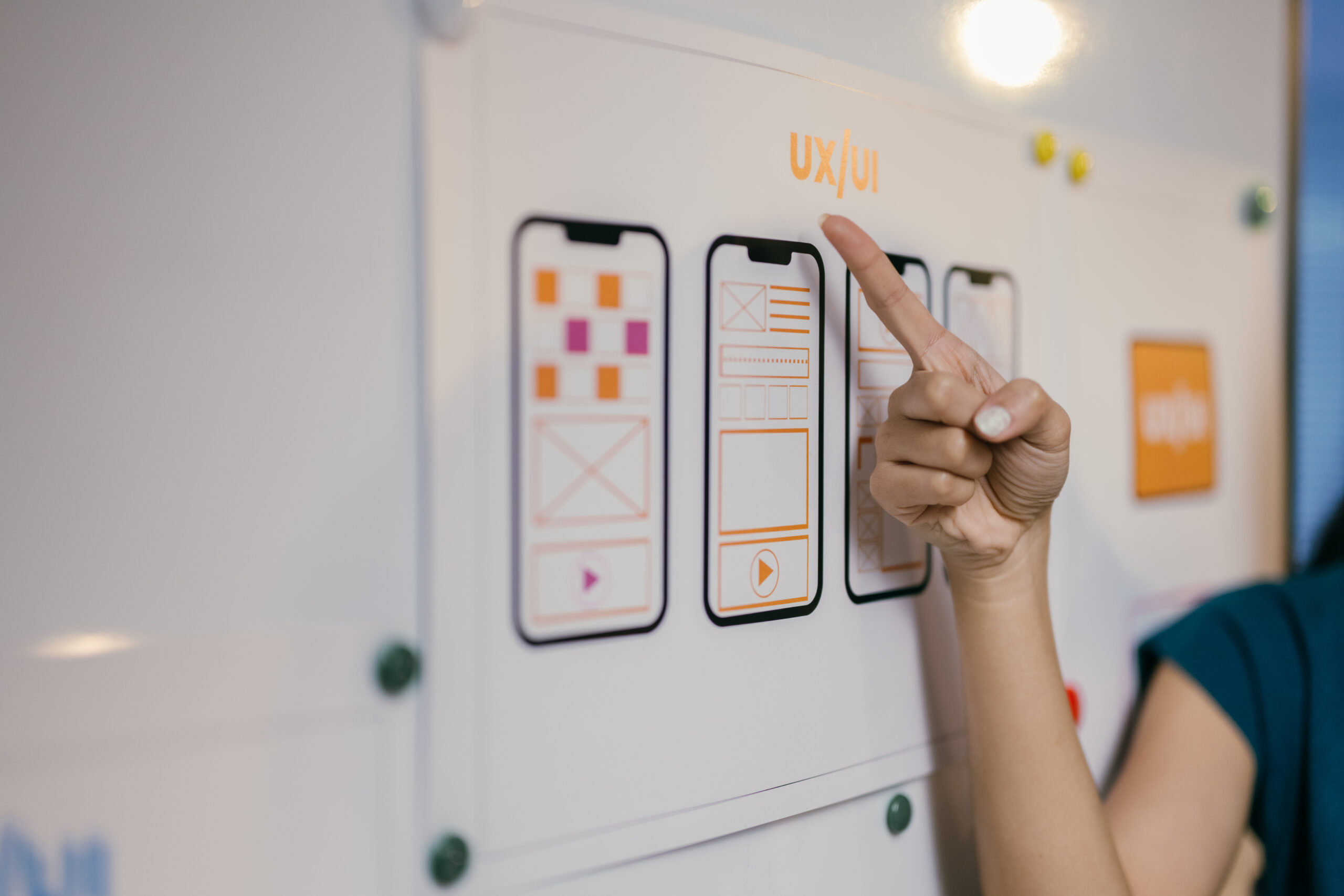 Okostelefon UI és UX tervezés a mobilalkalmazás fejlesztés során, drótvázak és menürendszer struktúra kialakítása irodai whiteboardon